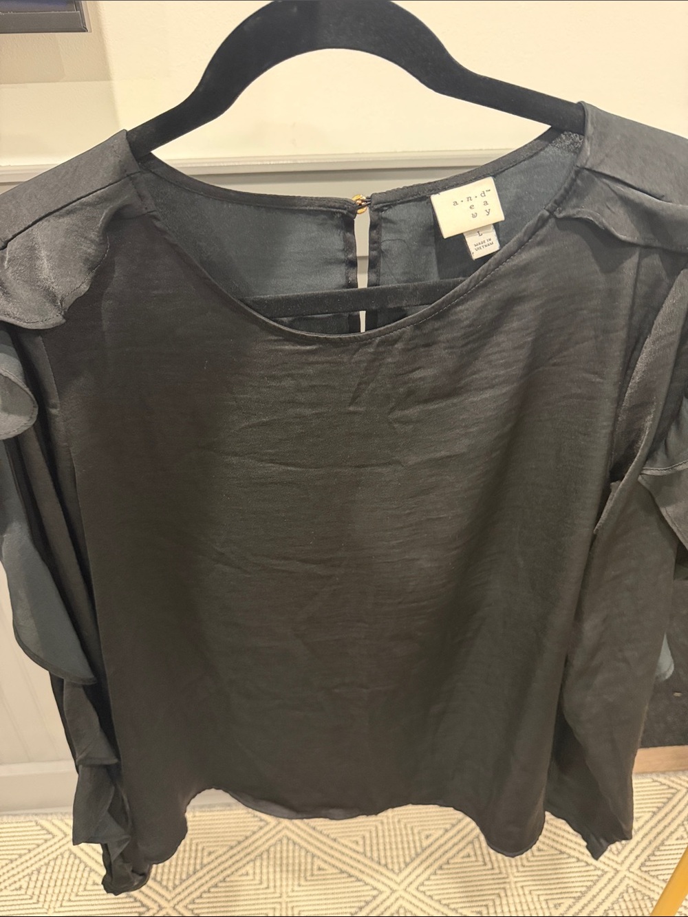 Black Satin Ruffle-Trim Long Sleeve Blouse
